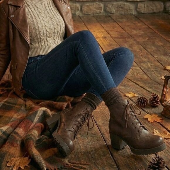 NWT SODA Brown Lace Up Combat Boots Lug Sole Chunky Heel Platform Ankle Booties - Picture 2 of 6